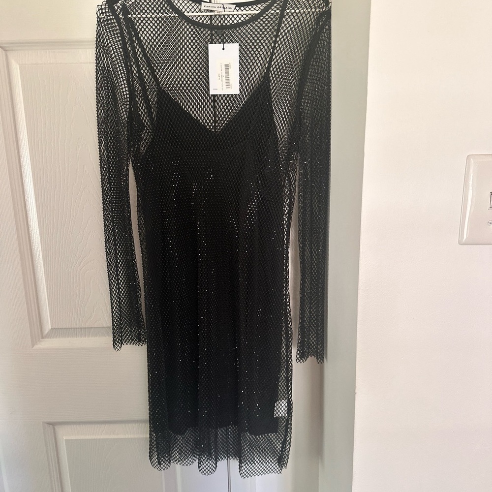 Karina Grimaldi Black Beaded Long Sleeve Slip Dress